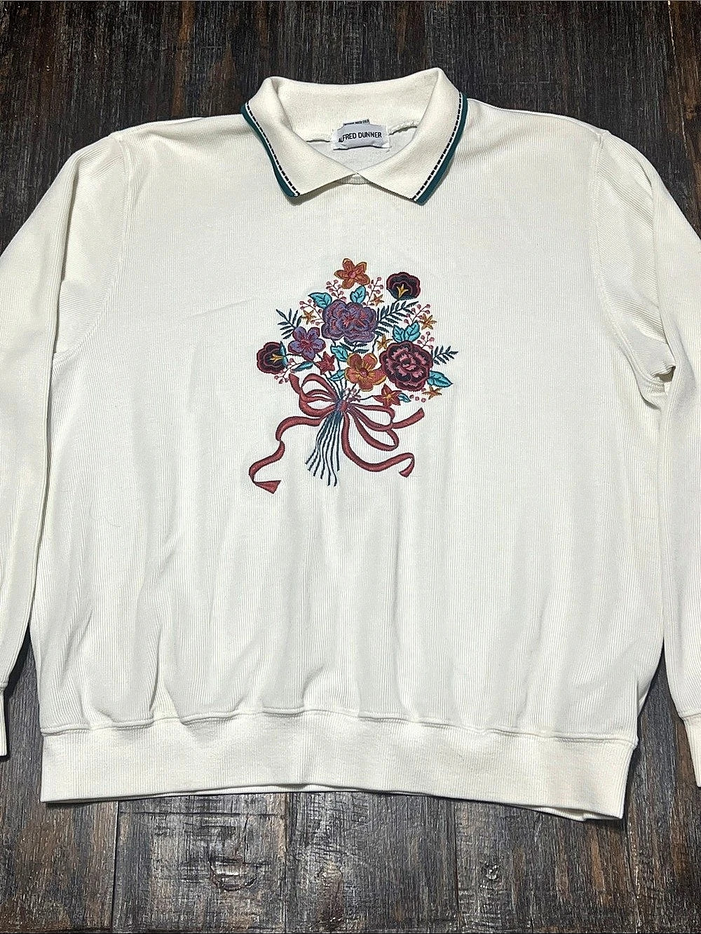 Alfred Dunner Vintage Embroidered Floral Polo Sweatshirt